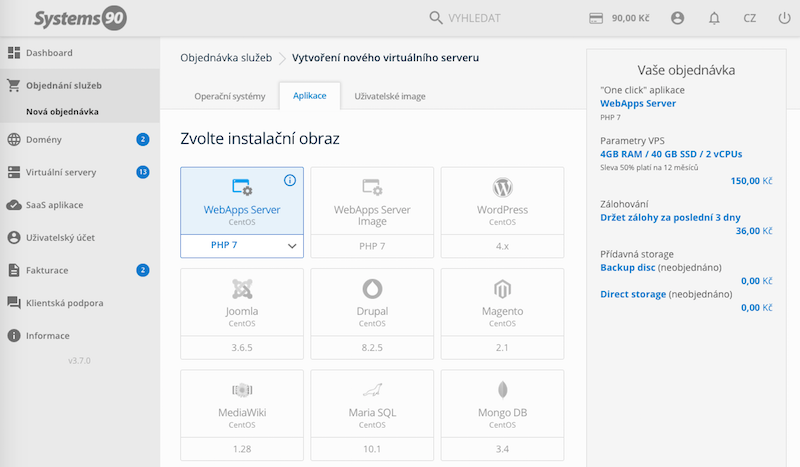 WebApps - Výběr instalace v objednávce